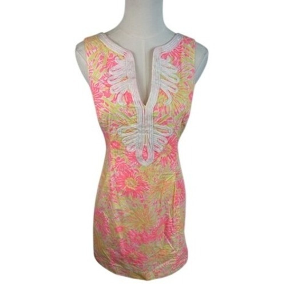 Lilly Pulitzer Dress Women's Size 2 Pink Floral Embellished Neckline 100% Cotton